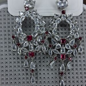 18k White Gold Plated With Pink Stones And Clear Cubic Zirconia Dangle Earrings